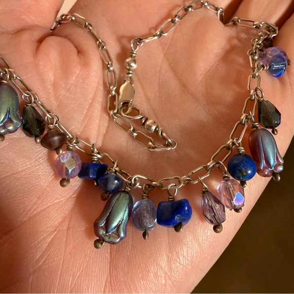 Vintage blue floral Italian glass Sterling silver delicate charm necklace
